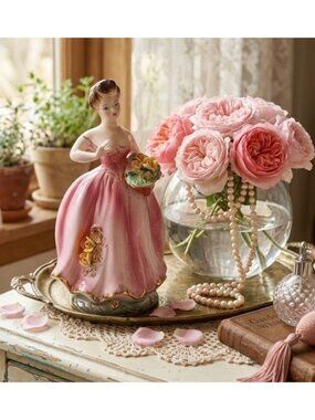 8" 1950s MCM Southern Belle Figurine In Pink & Gold Porcelain Dress Cottagecore